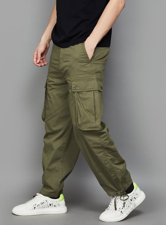 FLYING MACHINE Textured Relaxed Fit Cargo Trousers | Green