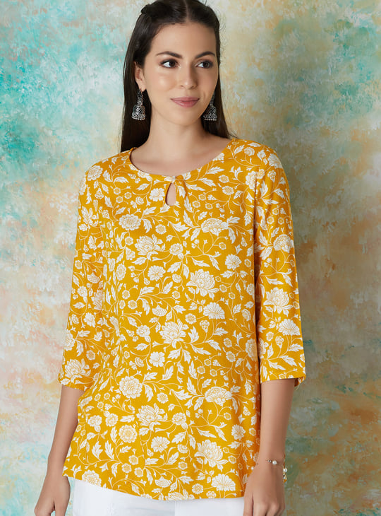 MELANGE Floral Print Straight Kurti Yellow