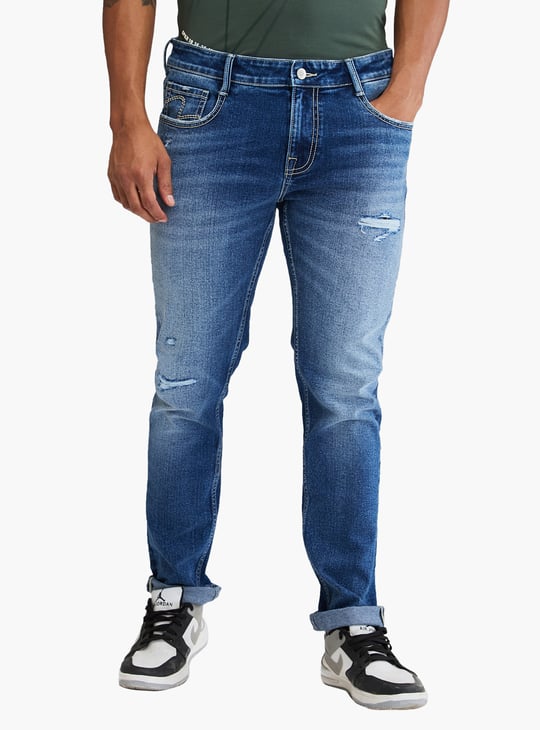 G3fashion Tapered Fit Spykar Ripped Jeans Men Blue Ankle Fit Mid