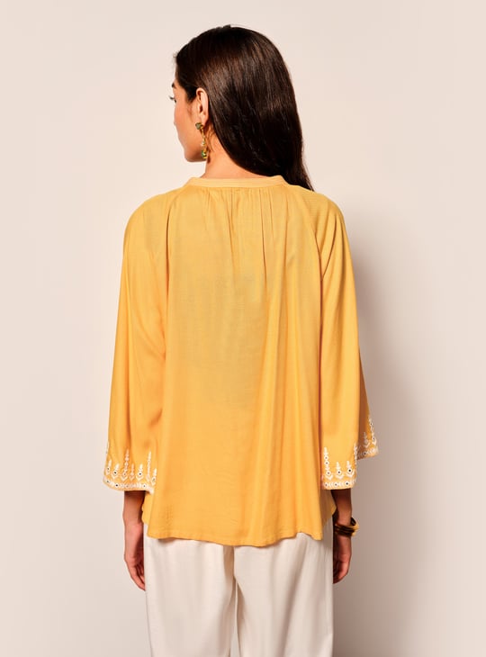 GLOBAL DESI Embroidered Band Collar Top Yellow