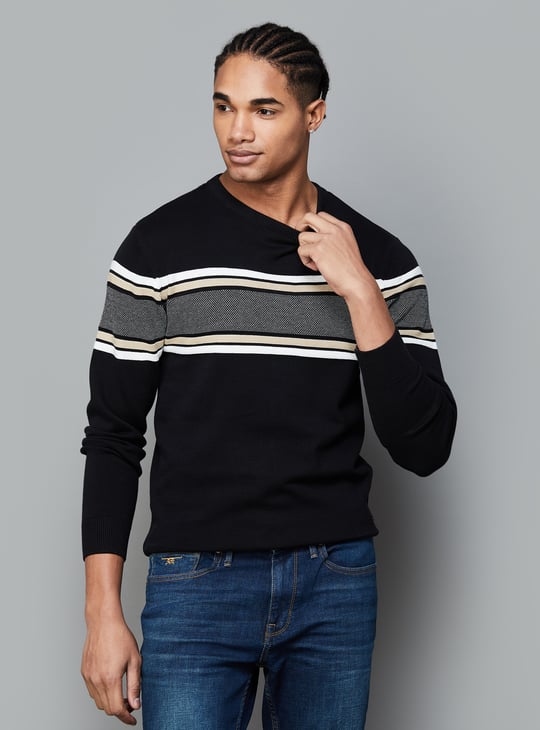T-BASE Striped Crew Neck Sweater Black