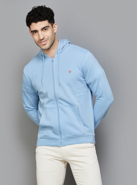 ALLEN SOLLY Solid Hooded Zip-Up Sweatshirt Blue