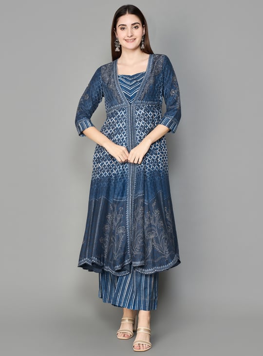 Anarkali Kurta Set Indigo Blue Kurtis BIBA Printed Anarkali Kurta Set