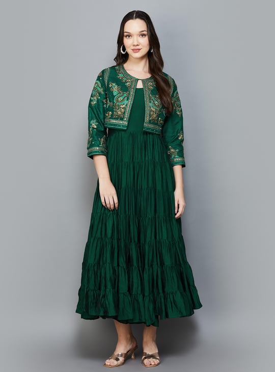 BIBA Tiered Anarkali Dress with Embroidered Jacket