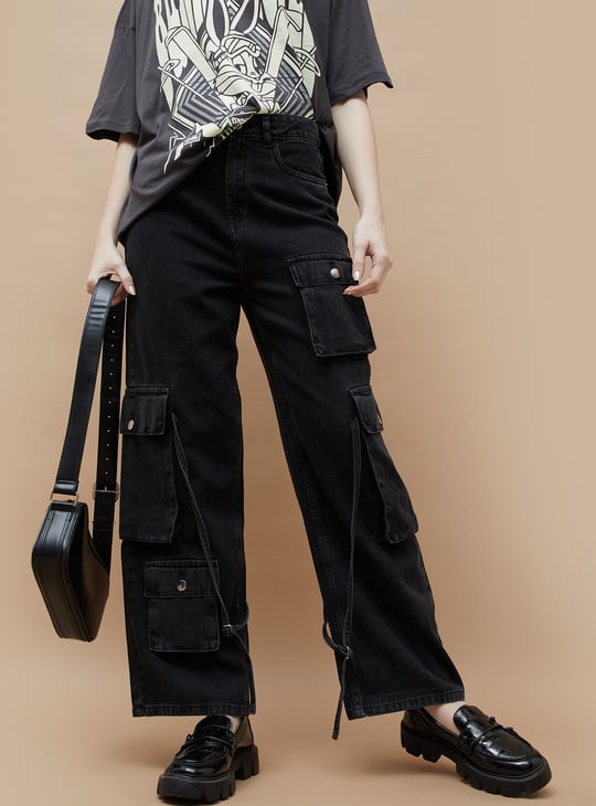 GINGER Solid Cargo Jeans Black