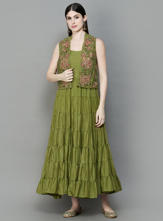 BIBA Embroidered Kurta with Jacket Green