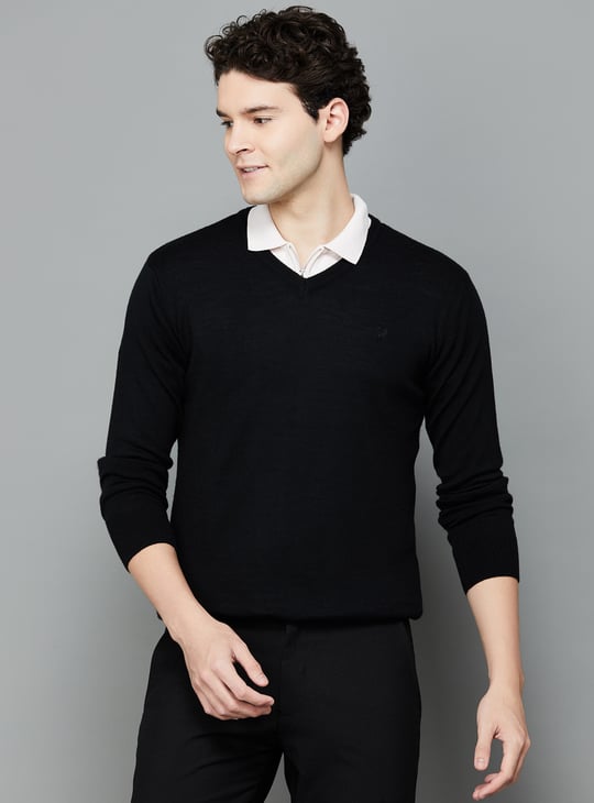 ALLEN SOLLY Knitted V-Neck Sweater Black