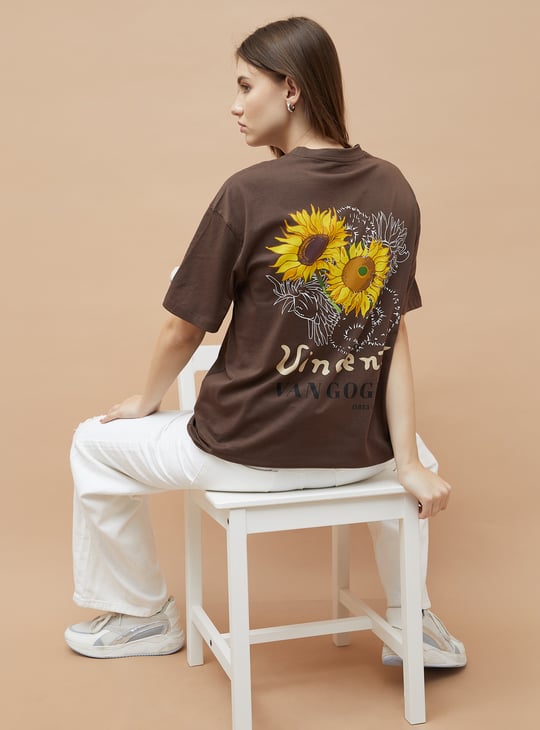 GINGER Back Graphic Print Oversized T-shirt Brown