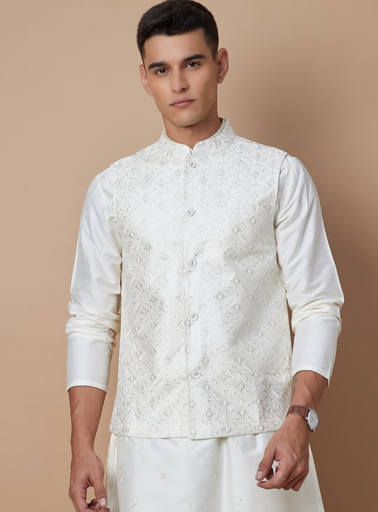 MELANGE Embroidered Nehru Jacket Off White