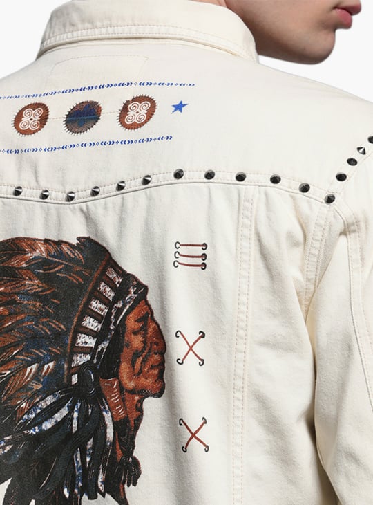JACK & JONES Printed Raw Edge Denim Jacket | Off White