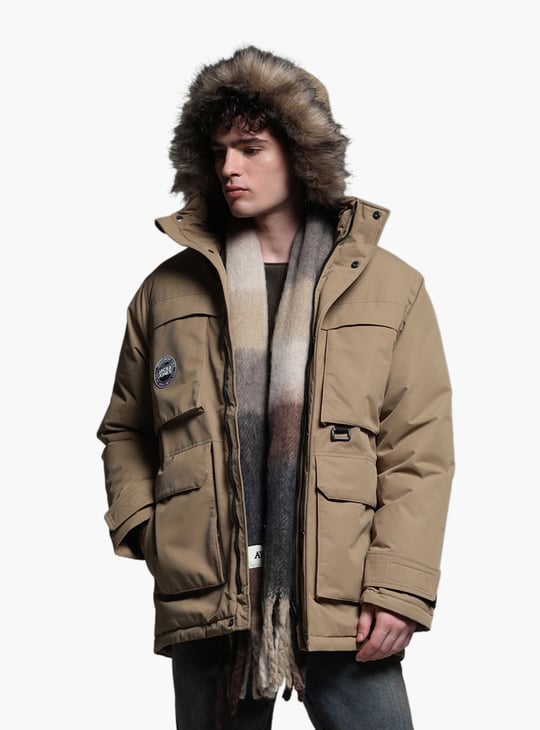 JACK JONES Padded Faux Fur Trim Hooded Jacket Brown