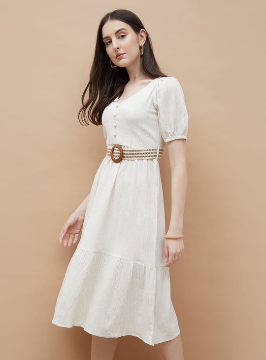 CODE MATURE Belted Puff Sleeve Midi Dress | Beige