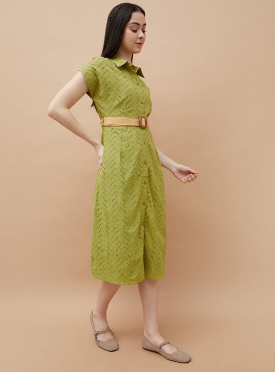 FAME FOREVER Schiffli Embroidered Belted Shirt Dress | Green