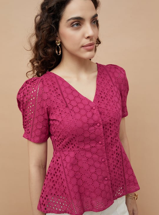 Equipment Button Front Peplum Top CODE Schiffli Embroidered Peplum