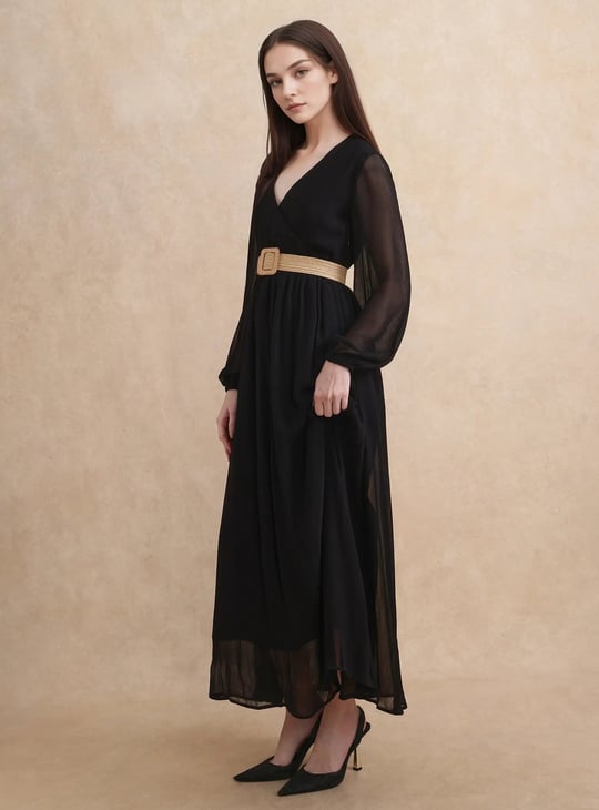 princess polly baby blue dress BCBG Max Azria New York Ready to Wear Autumn Winter Black and brown silk dress  brown belt over a black thin top long sleeves Stock Photo main image 1