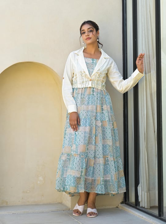 JUNIPER Printed Tiered Maxi Dress with Jacket Green