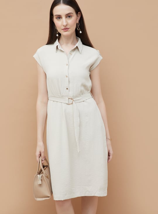 CODE CLASSIC Solid Belted Shift Dress | Beige CODE CLASSIC Solid Belted Shift Dress | Beige