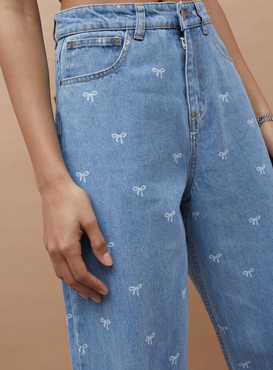 GINGER Bow Print Wide Leg Jeans