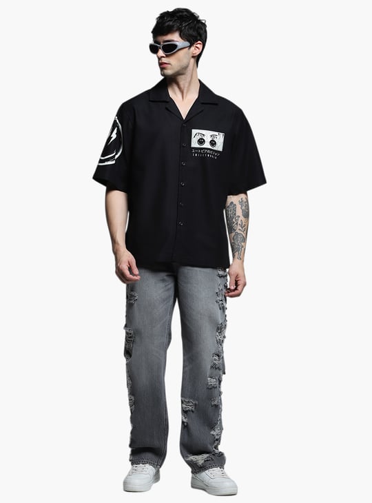 JACK & JONES x Smileyworld Back Graphic Print Resort Shirt | Black