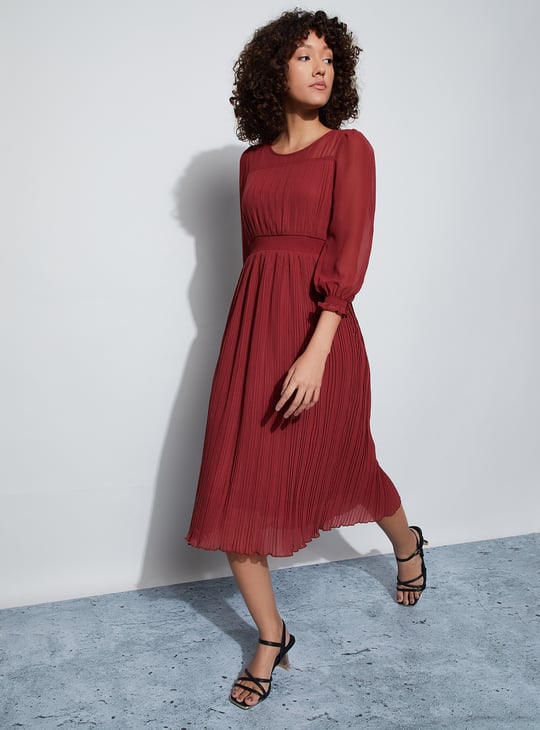 solid fit and flare dress Light Blue Cinched Waist Solid Fit & Flare Dress