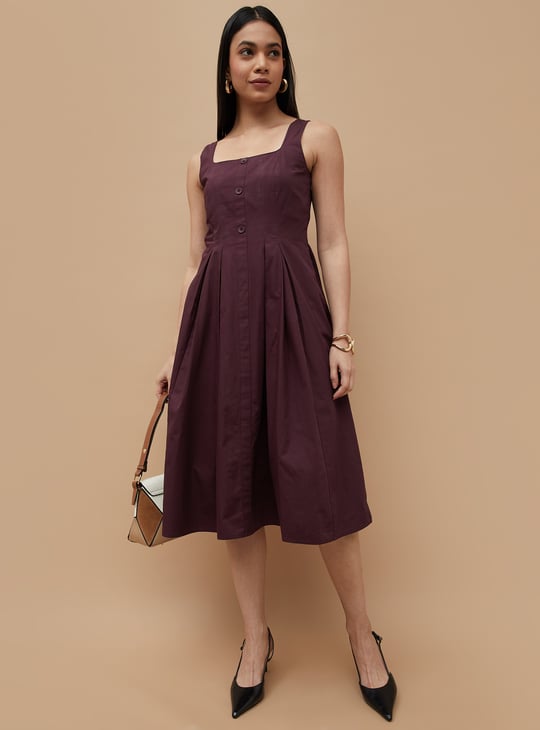 CODE Box Pleated Fit & Flare Dress | Burgundy