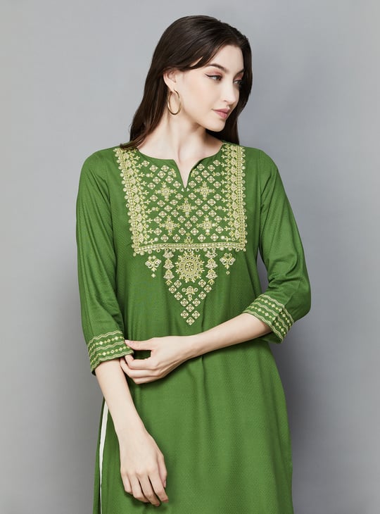 GLOBAL DESI Embroidered Straight Kurta | Green
