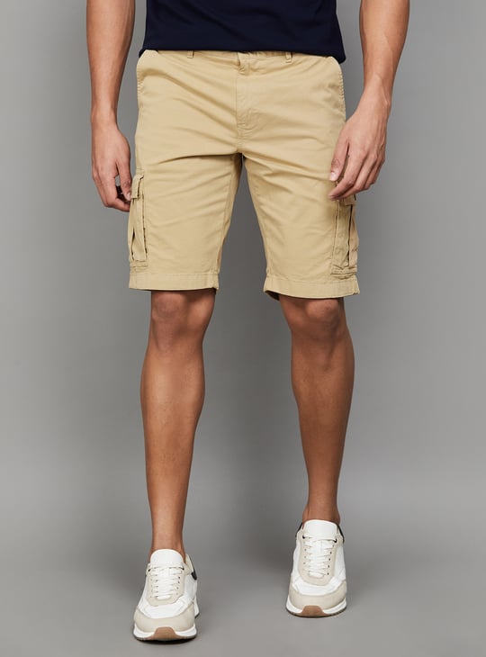 LP JEANS Solid Slim Fit Cargo Shorts Beige