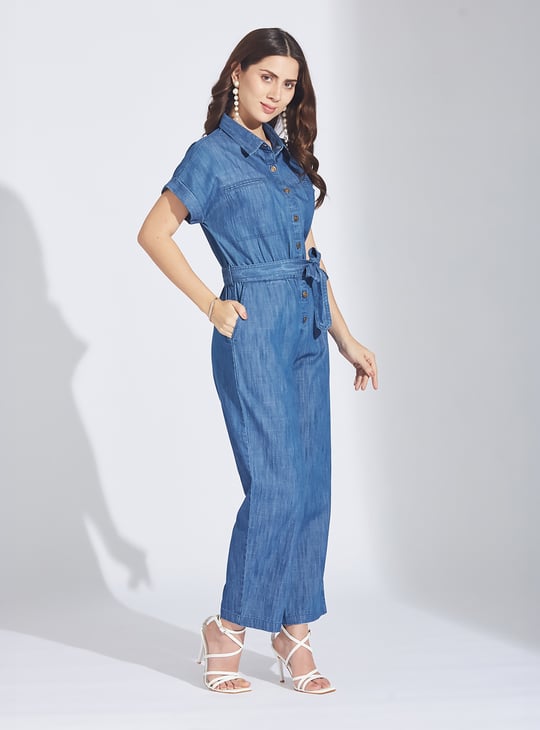 LATIN QUARTERS Washed Belted Denim Jumpsuit