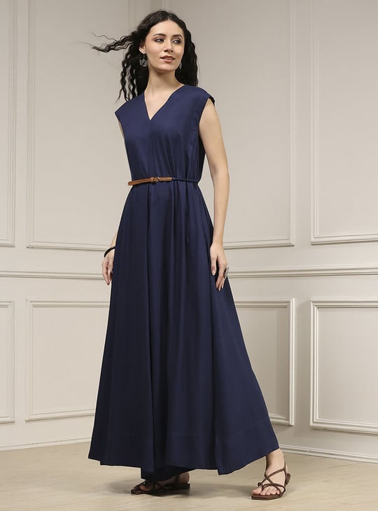 BIBA Solid Belted A-Line Maxi Dress