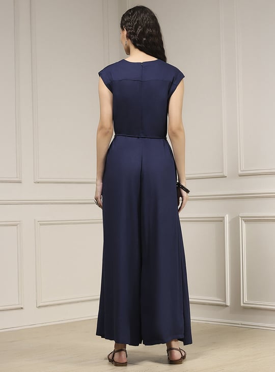 BIBA Solid Belted A-Line Maxi Dress | Blue