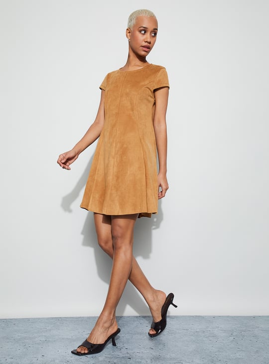 a line midi dress 3/4 sleeve Alluring Moment Faux Suede Lattice Cutout Mini Dress main image 1