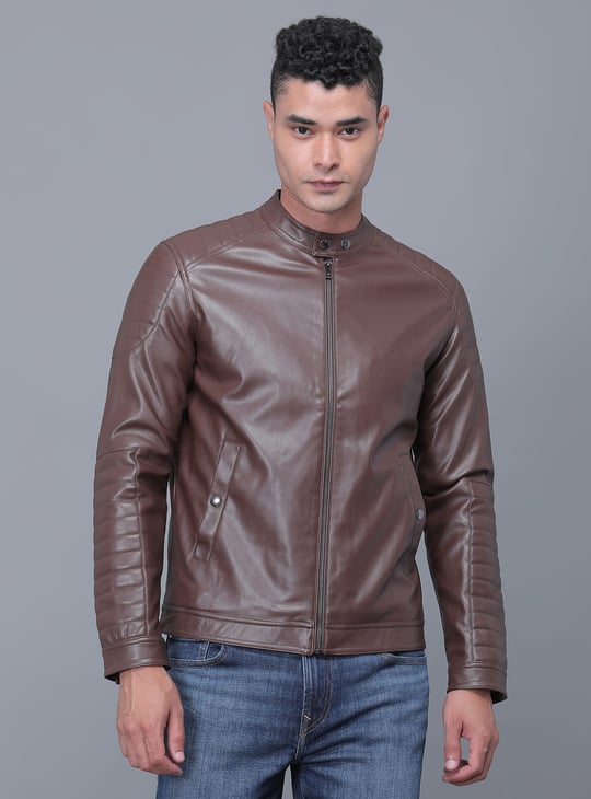 CELIO Solid Faux Leather Biker Jacket