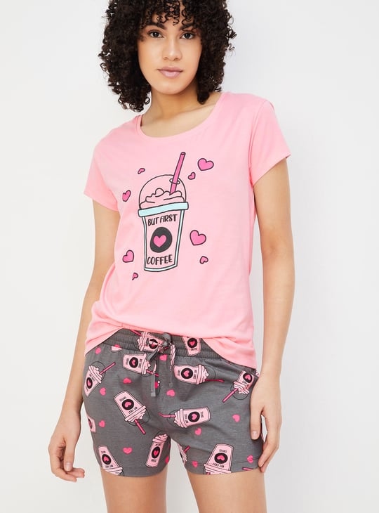Women Printed T-shirt with Drawstring Waist Shorts