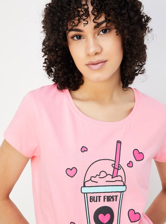 Women Printed T-shirt with Drawstring Waist Shorts