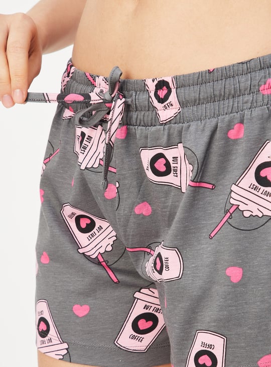 Women Printed T-shirt with Drawstring Waist Shorts