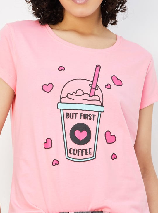 Women Printed T-shirt with Drawstring Waist Shorts