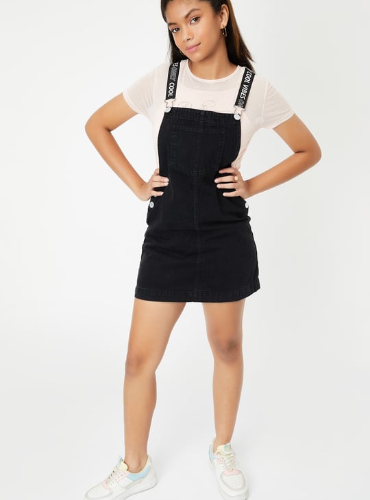 Girls Solid Denim Pinafore Dress Solid