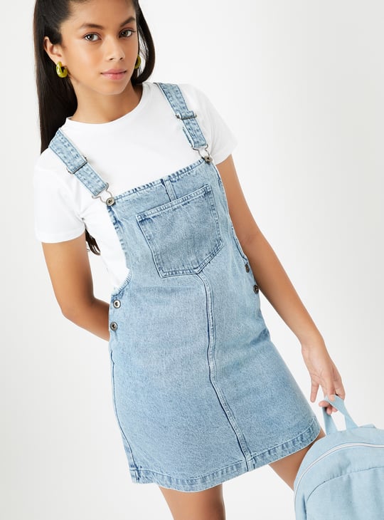 Girls Solid Denim Pinafore Dress - Main Image