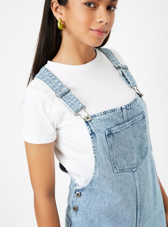 Girls Solid Denim Pinafore Dress