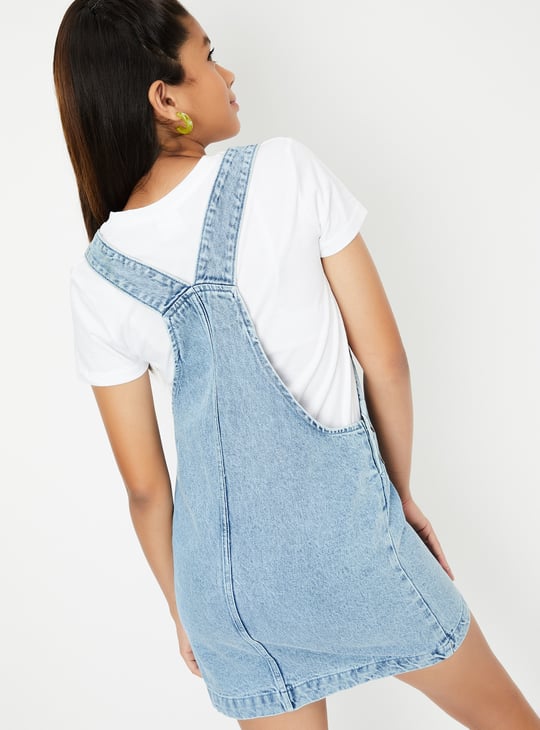 Girls Solid Denim Pinafore Dress