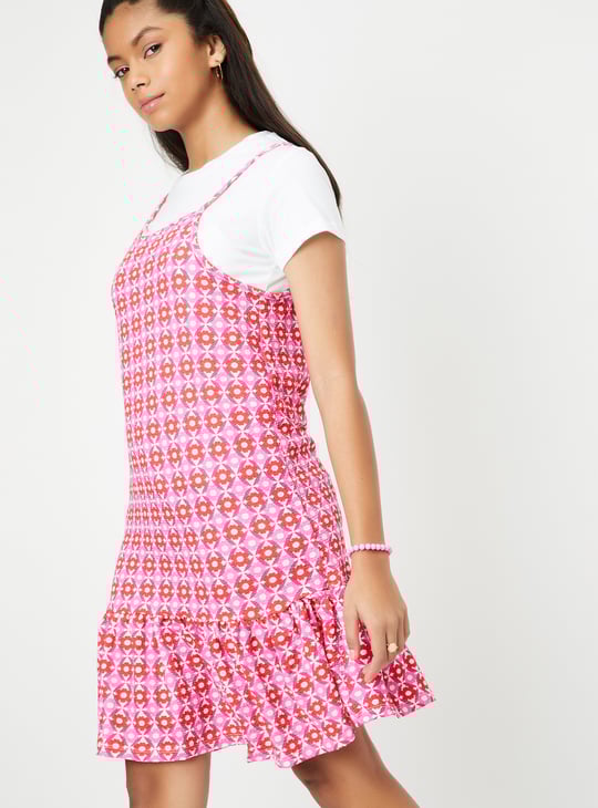 Girls Printed Pinafore Dress with T-shirt