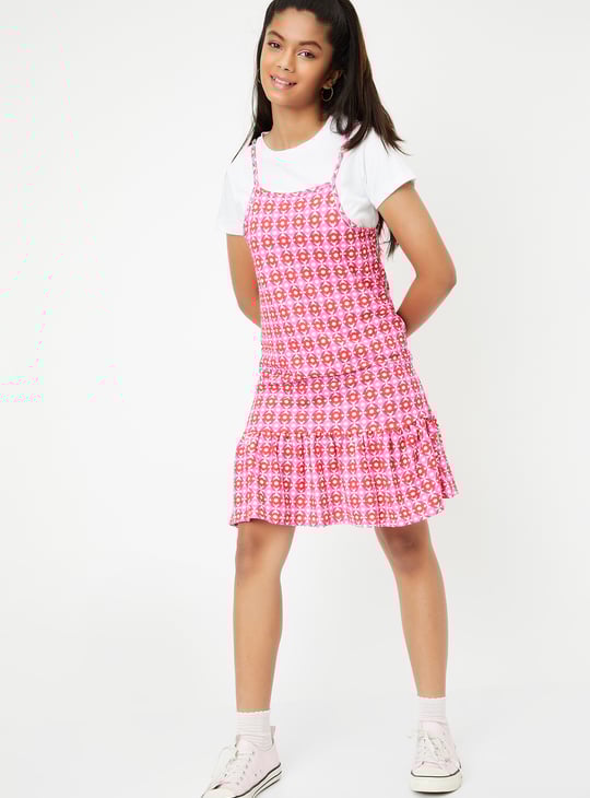 Girls Printed Pinafore Dress with T-shirt