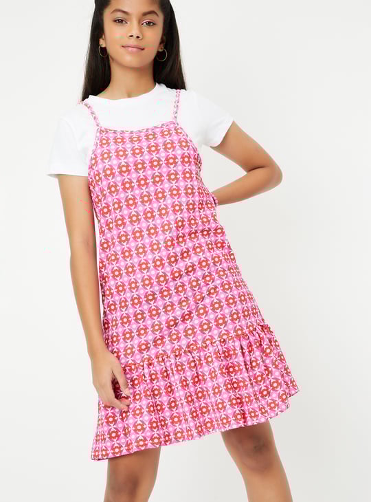 Girls Printed Pinafore Dress with T-shirt