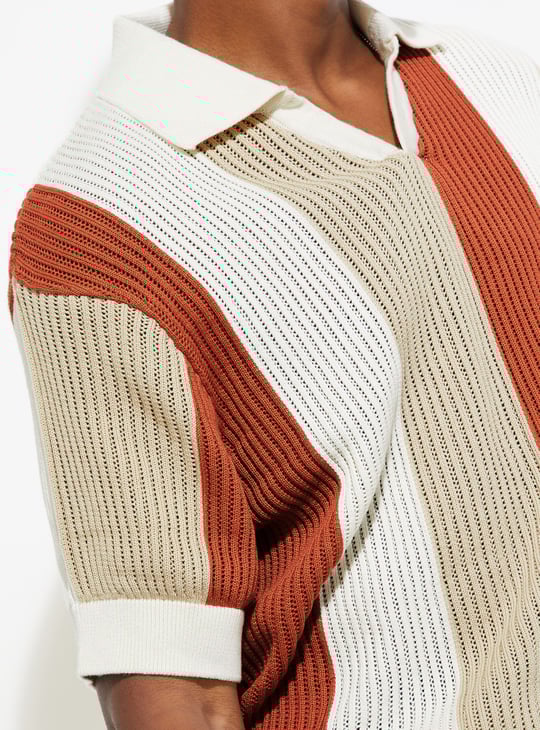 URB_N Men Oversized Striped Knit Polo T-shirt