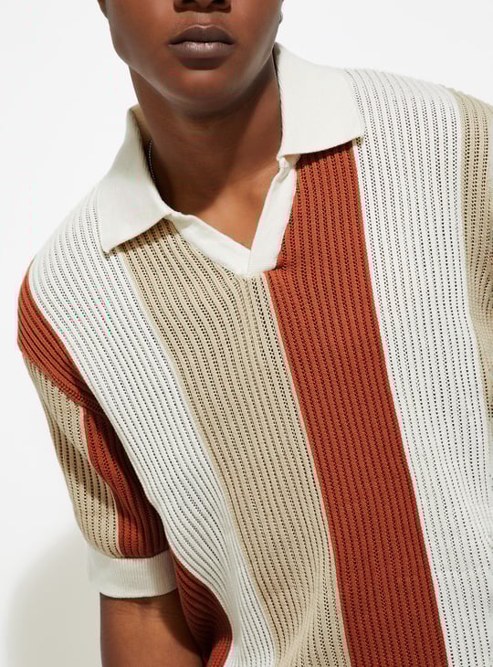 URB_N Men Oversized Striped Knit Polo T-shirt