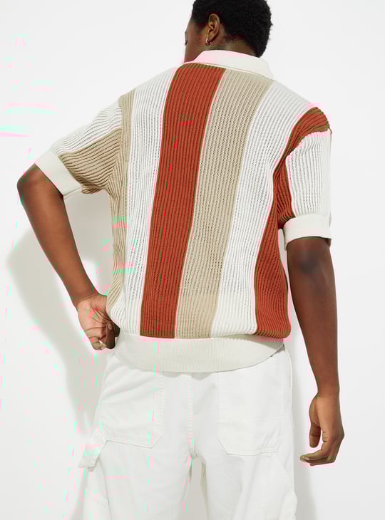 URB_N Men Oversized Striped Knit Polo T-shirt
