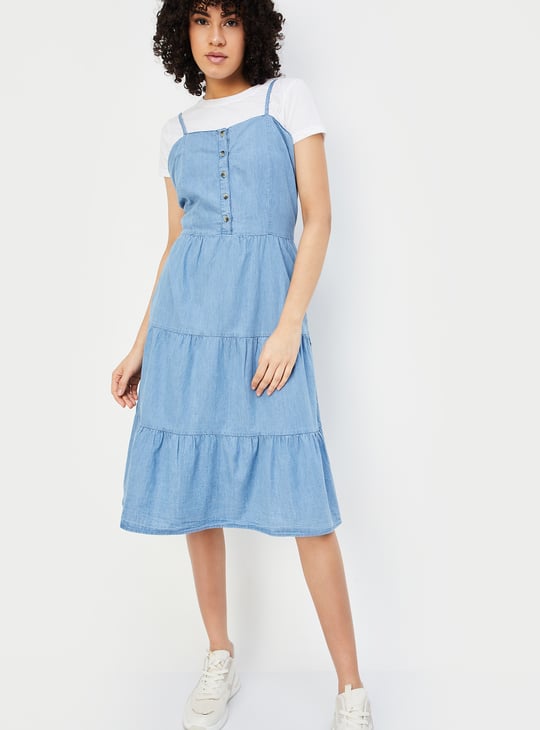 Women Pinafore Denim Dress with T-shirt