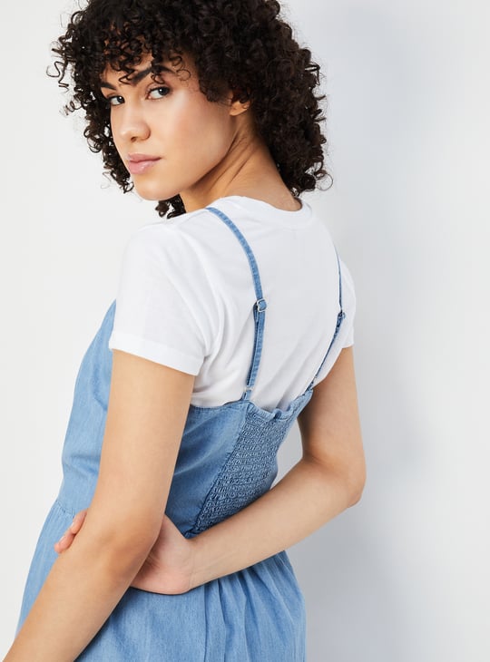 Women Pinafore Denim Dress with T-shirt