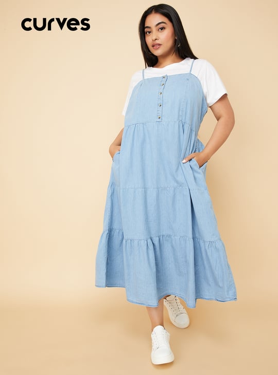 Women Pinafore Denim Dress with T-shirt