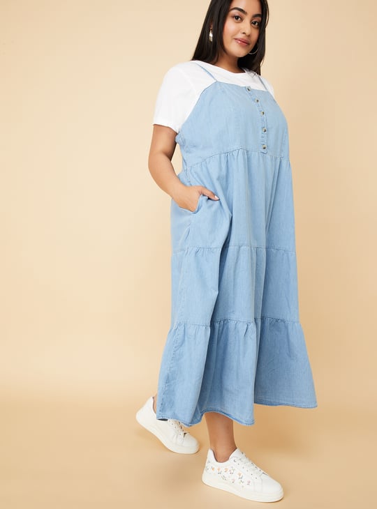 Women Pinafore Denim Dress with T-shirt